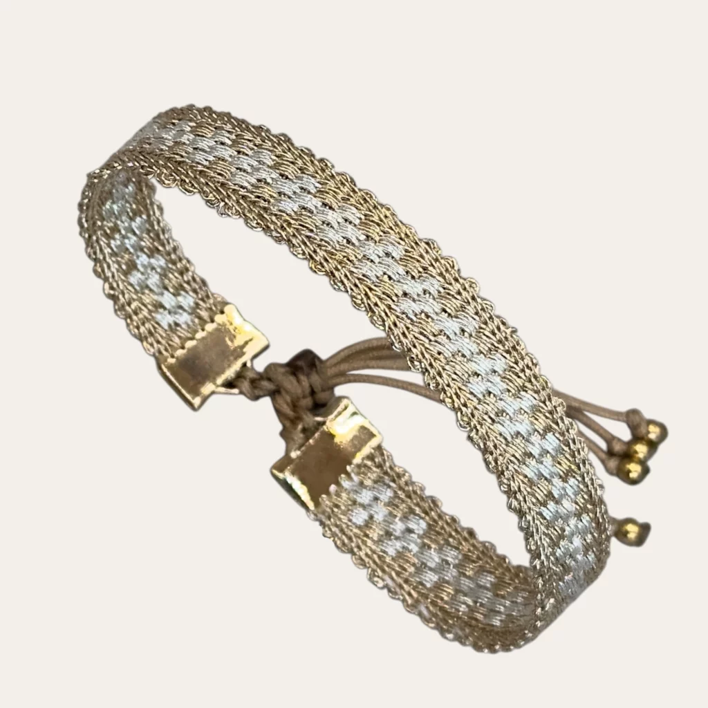 Bracelet LILA tissé 10 mm bronze avec motif croix argent et embout laiton doré