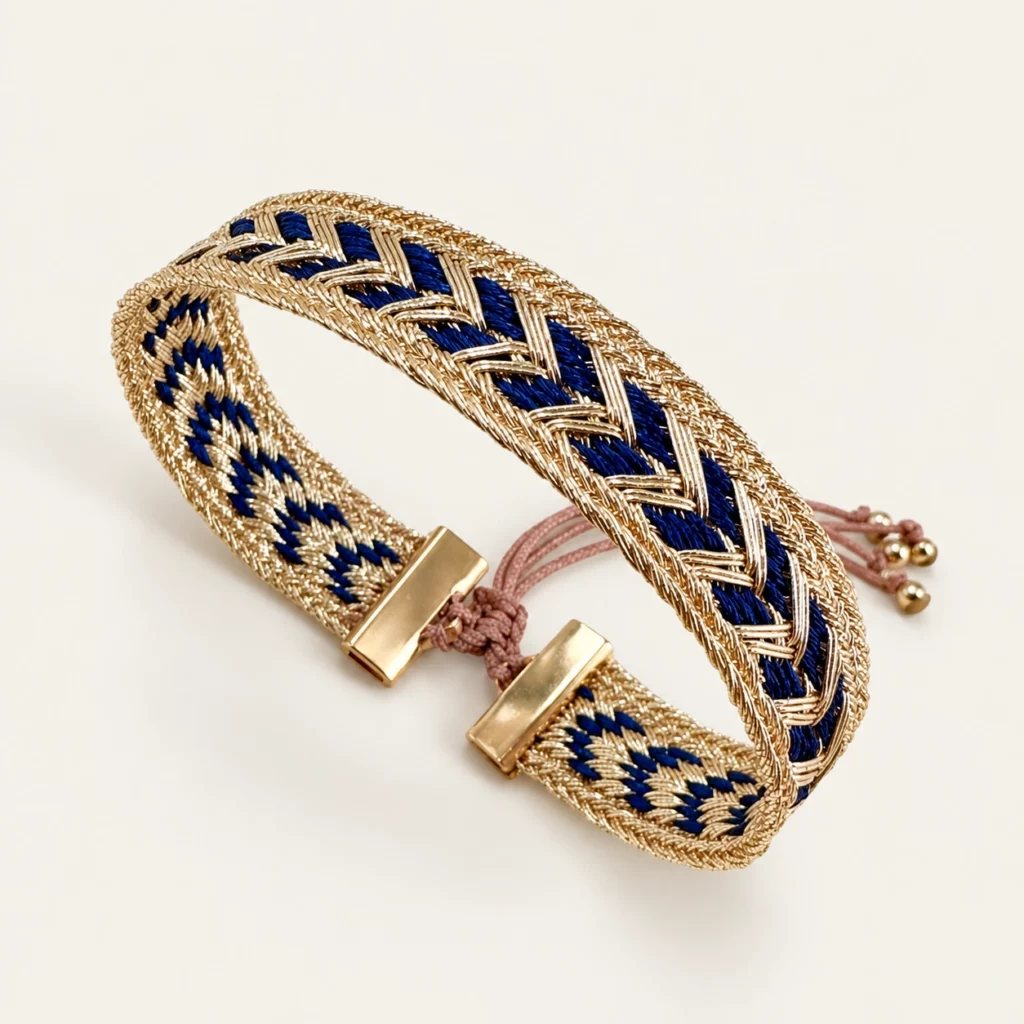 Bracelet tissé STELLA bleu royal et doré, motif en épi et fermeture coulissante