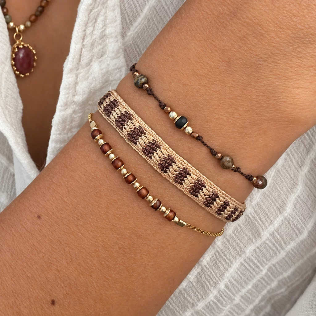 Bracelet tissé SHANEZ chocolat et cuivré porté au poignet avec une tenue écrue